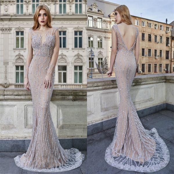 

champagne mermaid wedding dress illusion long sleeves beaded sequins bridal gown bling bling backless custom made vestidos de novia, White