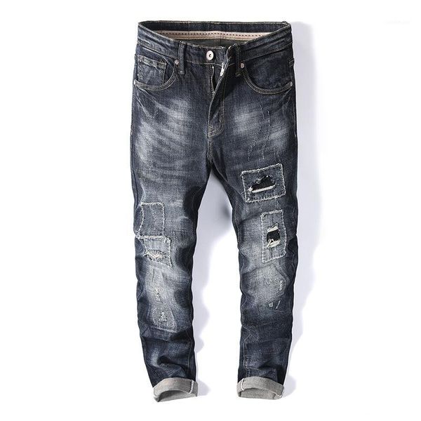

men's jeans in spring and summer with hole patching, slim and elastic1, Blue