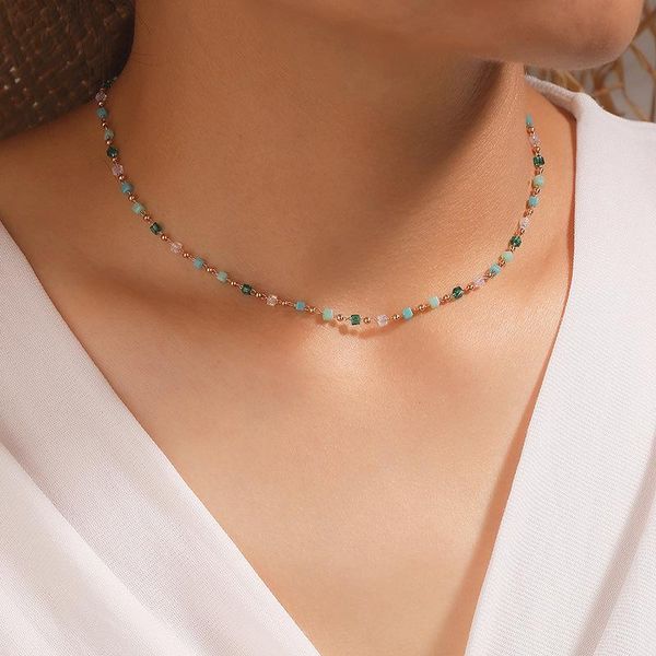 

chokers bohemian green beads choker necklace for women charm party crystal chain clavicle female jewelry gift, Golden;silver