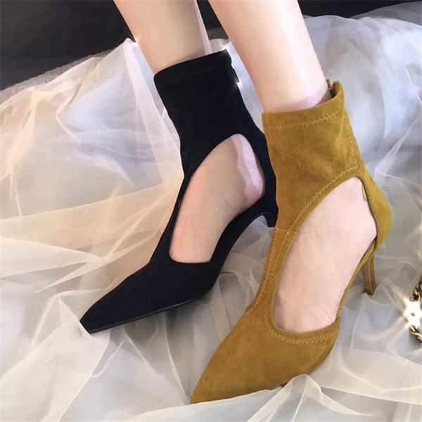 

boots ankle women shoes flock hollow sandals 2021 high heel fashion black yellow thin spring ladies
