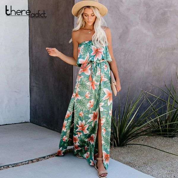 

thereadict elegant maxi long dress women strapless backless summer dress vintage high split party floral robe 20201, Black;gray