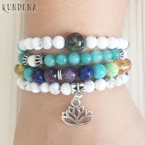 

2021 calm japa lotus flower 7 chakra howlite tourmaline bracelet women bead 108 mala meditation wrap bracelet1, Golden;silver