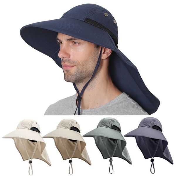 

fishing cap wide brim sun uv protection face hat with neck flap adjustable drawstring for outdoor sport hiking boating y200714, Blue;gray