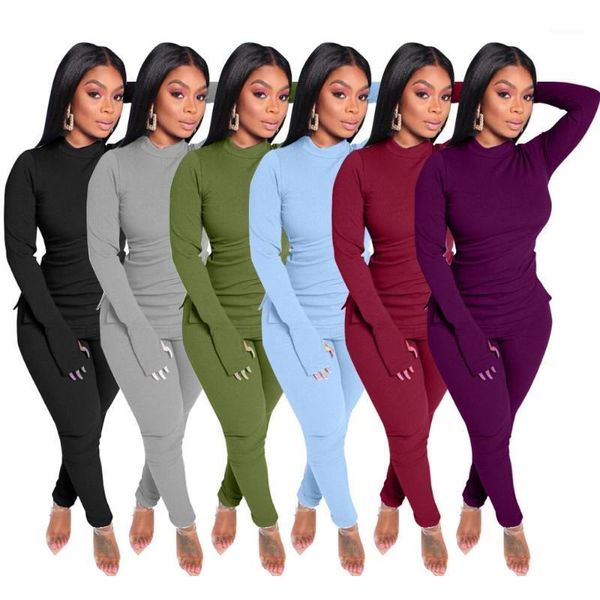 

fashion women casual tracksuits oversize high neck long sleeve skinny tees high waist sports pants sets for streetwear party1, Gray
