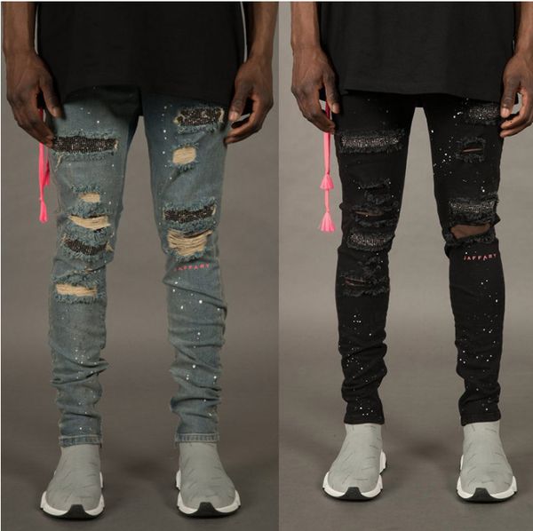 

unique mens distressed ripped skinny jeans fashion design slim fit washed motocycle denim pants multi spray painting hole hip hop trousers, Blue