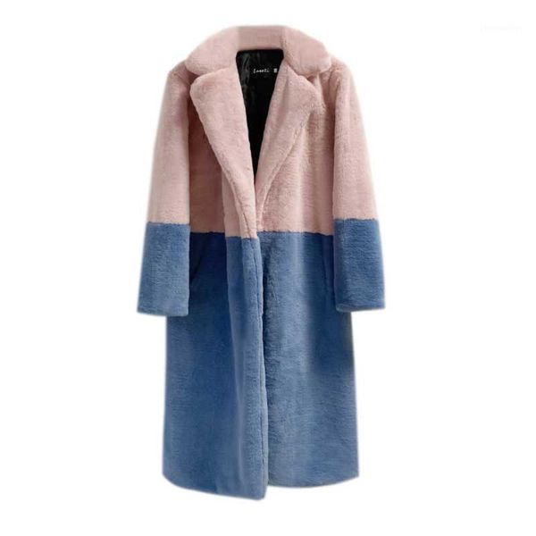 

women's fur & faux autumn and winter thick warm mink long coat women woolen cloth girls beautiful color spliced suit collar outerwear1, Black