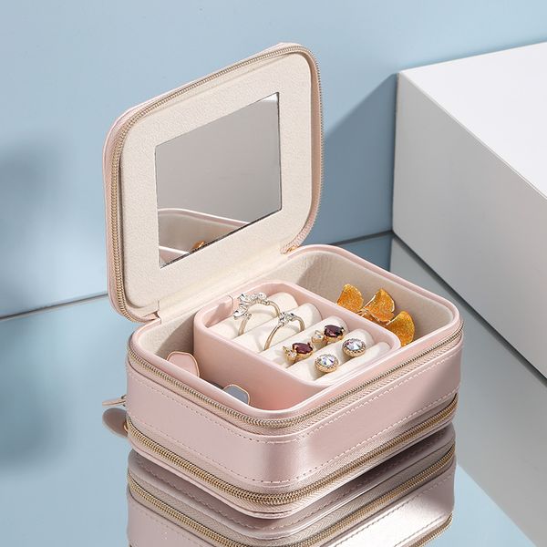 

2021 portable travel jewelry case for women stud box cosmetic zipper leather necklace storage organizer case ring earring box kimter-z107a