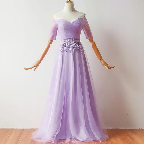 

Sexy Elegant V-neck Evening Dress Robe De Soiree High Quality Violet Purple Tulle With Applique Evening Dress Vestido De Festa