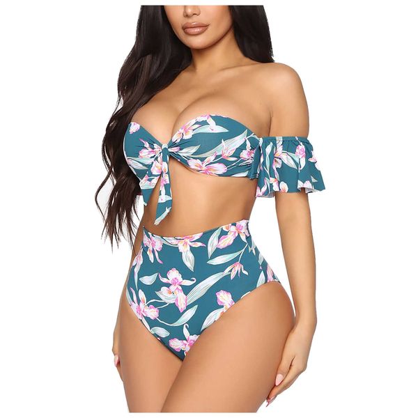 

swimwear women's 2021 women color matching printed drawstring lace female split swimsuit #srn, White;black