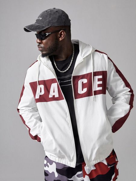 

extended sizes men drop shoulder letter pattern contrast sideseam drawstring hooded jacket m1sb#, Black;brown