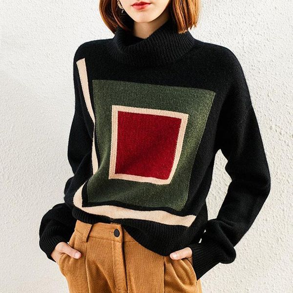 

new high neck color matching cashmere sweater women's short pullover thick loose wool sweater autumn and winter1, White;black