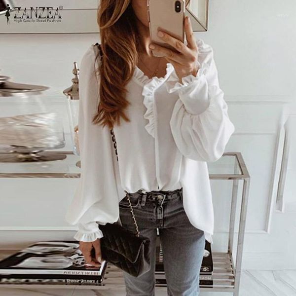 

zanzea 2020 spring women ruffles v-neck shirts long lantern sleeve solid loose blouses work tunic blusas plus size 5xl 71, White