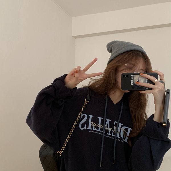 

new nice 2021 embroidered colorblock printed nightdress letter loose thin cord long female hood zje5, Black