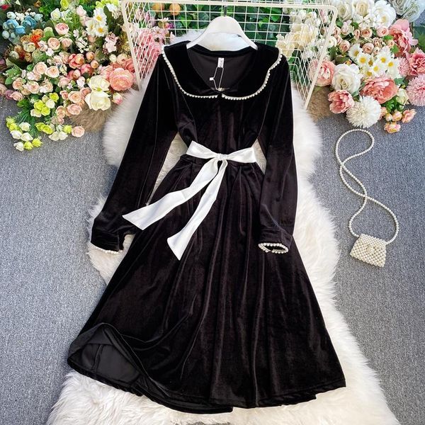 

autumn winter women black velvet party dress with sashes casual turn-down collar long sleeve a-line vestidos fashion robe 2020, Black;gray