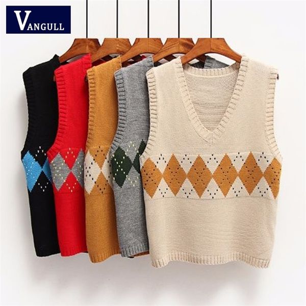 VANGULL ARGYLE BUGARD SHIAMT MAGLIETTO DONNA Donne Collo V-Collo Vintage PullOver Allover Maglia Maglione Maglia Morbido stile coreano allentato senza maniche Top 201211