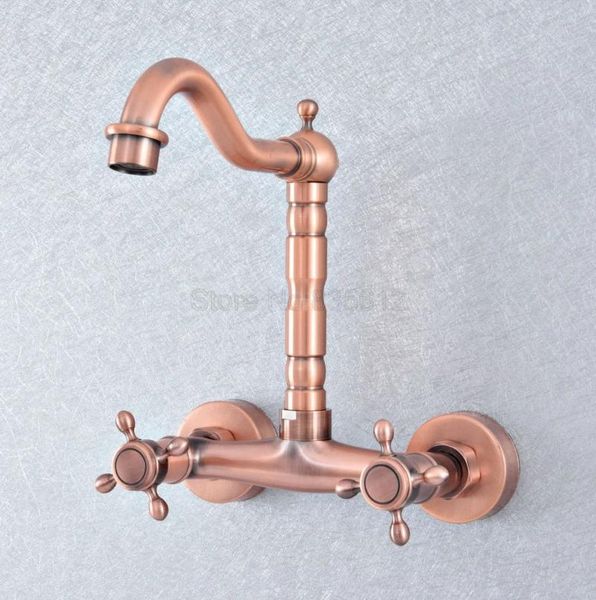 

bathroom sink faucets antique red copper brass double cross handles swivel spout kitchen tub faucet mixer water taps tsf861