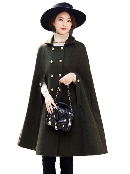 

2021 new long jacket female double breasted military oversized streetwear wool british style handle work party poncho coat 02gl, Black