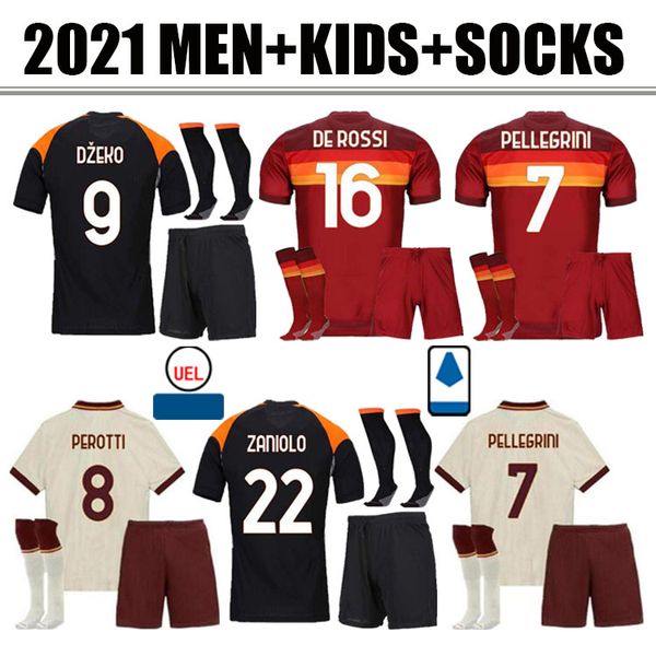 

2020 de rossi dzeko totti pellegrini kolarov zaniolo florenzi 2021 kids kit +socks home away high-quality football shirt, Black;yellow
