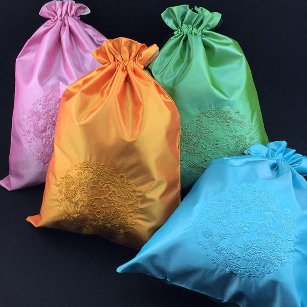 

gift wrap 11x14.5 inch fine embroidery dragon chinese bag wedding party christmas satin pouches drawstring storage packaging
