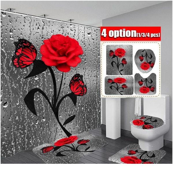 

red rose&butterfly bathroom non-slip mat set durable waterproof shower curtain set pedestal rug lid toilet cover bath bbycvc