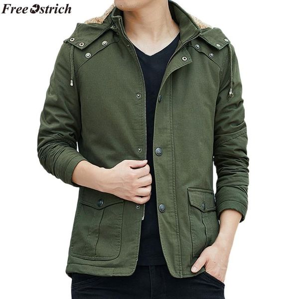 

ostrich men jacket 2020 men's autumn winter casual hooded pure color jacket button outwear coat ,windproof, Black;brown