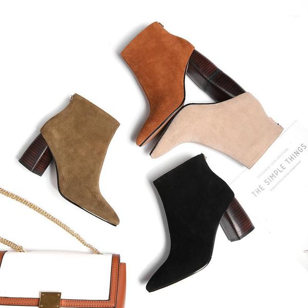 

boots 2021 autumn cow suede women ankle 22-24.5cm casual pointed toe 7cm high heel bootie woman 4 colors all season1, Black