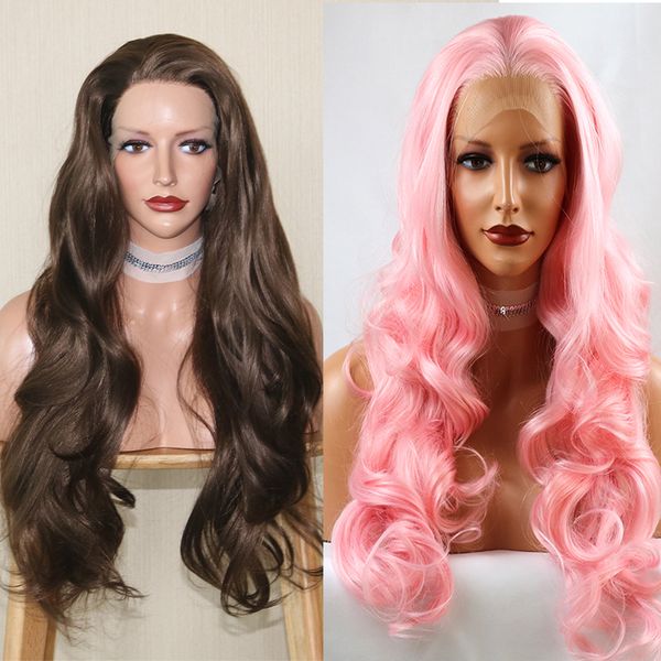 

fantasy beauty 180% density 26 inches lace front wig natural brown straight wavy heat resistant synthetic hair costume pink wig, Black;brown