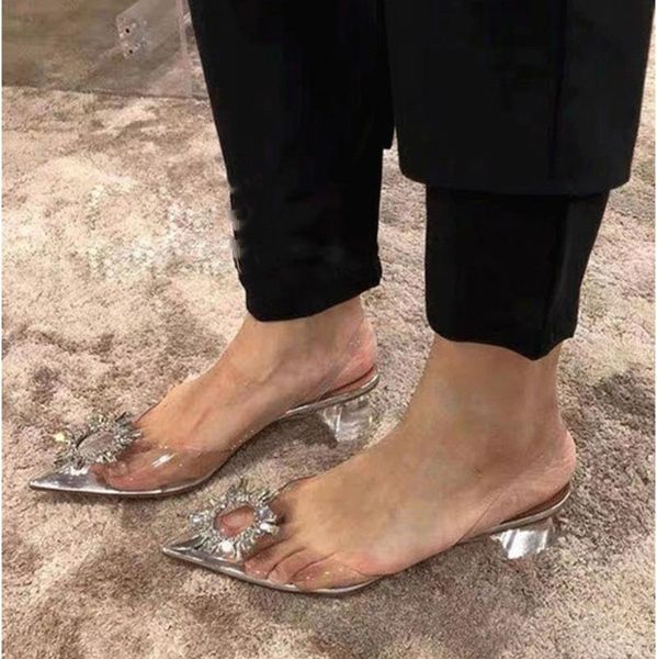 

europe and the united states 2021 new summer wild net red pointed thick heel with rhinestone transparent sandalswomen, Black