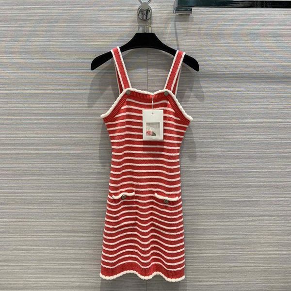 

98% cashmere straps women 2020 new spring summer runway design red white stripes sleeveless bandage dress sweet dresses1, Black;gray
