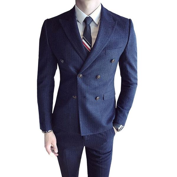 

men's suits & blazers ( jacket + vets pants ) high-end brand men stripe formal business double-breasted suit 3 sets / groom wedding dre, White;black