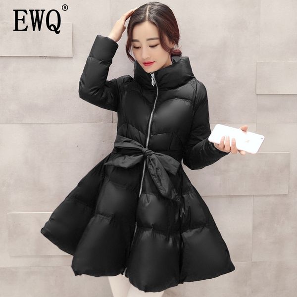 

[ewq] winter stand collar long sleeve adjustable waist solid patchwork korea femals cotton clothing ah34503xl 201019, Black