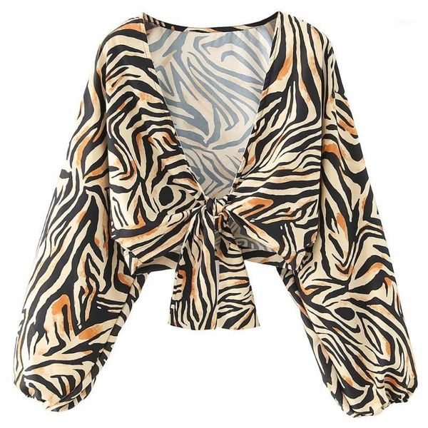 

new women vintage v neck bowknot short smock shirts ladies long sleeve animal texture print blouses roupas femininas ls69081, White