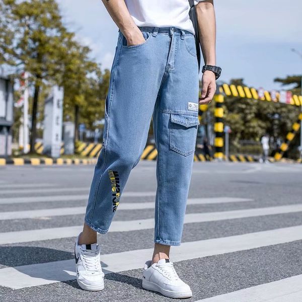 

autumn men's solid color loose classic casual jeans men slim fashion beam foot denim trousers male, Blue