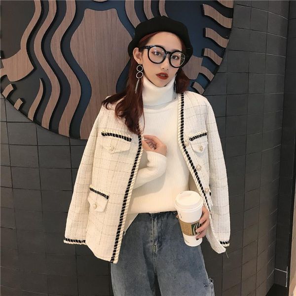 

women's short jacket vintage ladies autumn spring new korean plaid woolen coat college style slim lurex piping tweed jackets, Black;brown