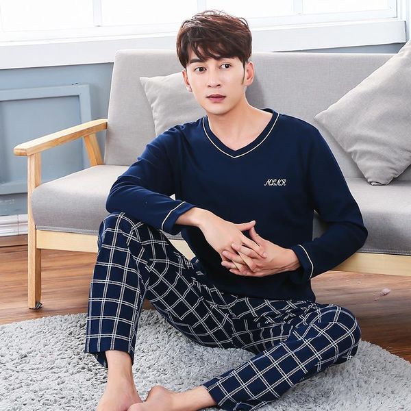 

2020 autumn 100% cotton long sleeve pajama sets for men sleepwear underwear male v-neck loungewear homewear clothes1, Black;brown