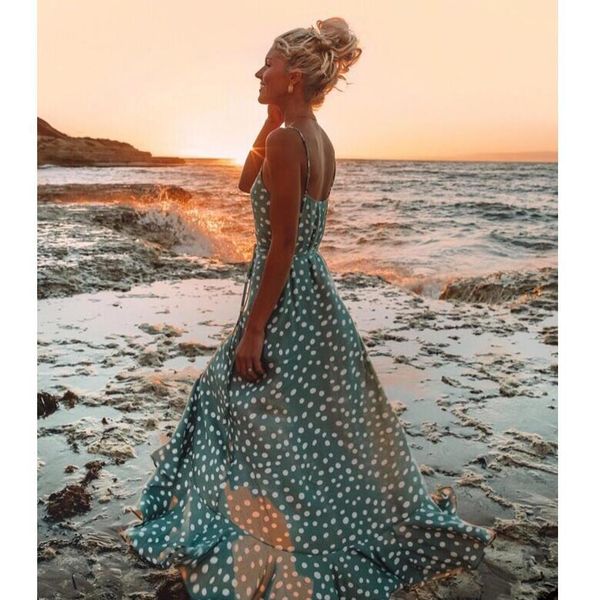 

women's floral print dot boho long maxi dress ladies v-neck backless beach holiday summer sundress vestido de mujer 2021 new, Black;gray