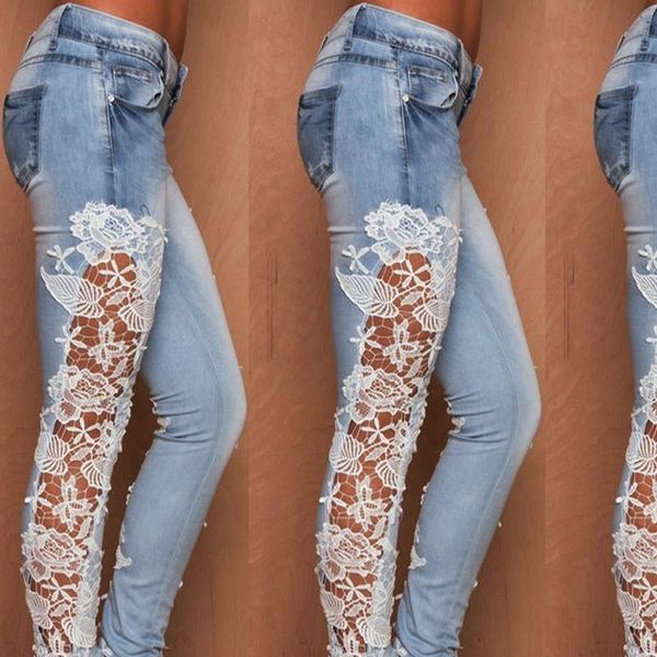 

38 2020 women elegant denim pencil skinny jeans female fashion plus size lace floral crochet hollow out jeans, White;black