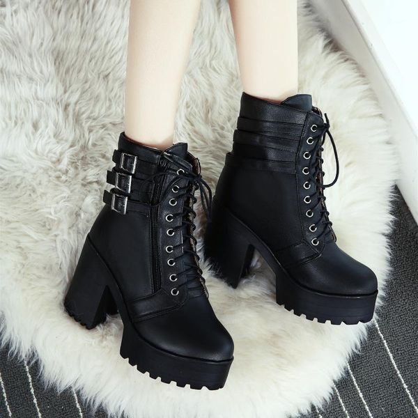 

fashion black ankle boots women heel spring autumn lace-up soft leather platform shoes woman party high heels punk ankle boots1