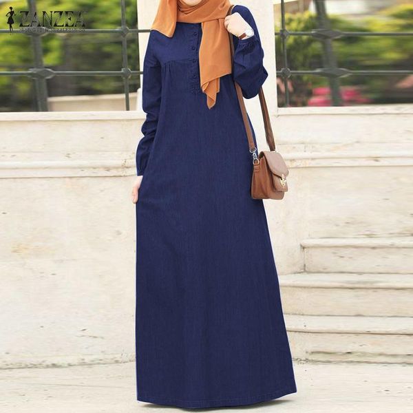 

casual dresses muslim dress zanzea women long sleeve solid maxi sundress vintage autumn denim blue buttons kaftan vestido robe 5xl, Black;gray