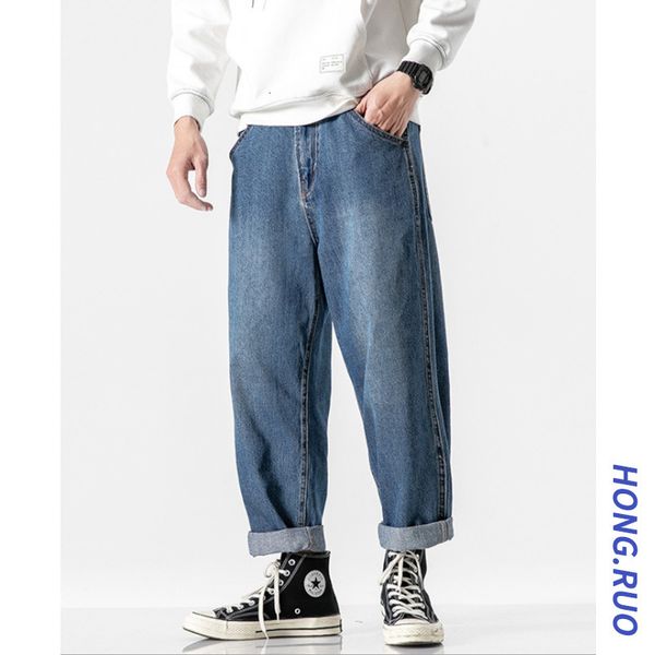 

2020 loose large jeans men's straight spring ins capris, Blue