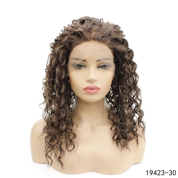 

afro kinky curly synthetic lacefront wig natural color 30# simulation human hair lace front wigs 19423-30, Black;brown