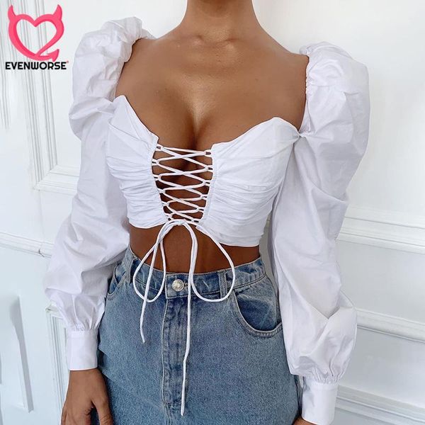 

evenworse 2019 women summer cotton bandage blouse big long slush lantern sleeve adjustable lace up strap crop, White