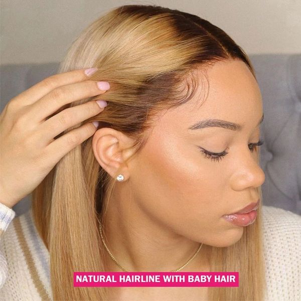 

ombre straight honey blonde hd transprent 360 lace frontal human hair wigs with bleached knots remy 200density nautral hairline, Black