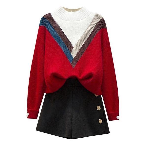 

2021 autumn vintage 2 joint pullover neck color matching sweater + shorts of two single piece y453 assembly hjaz, Gray