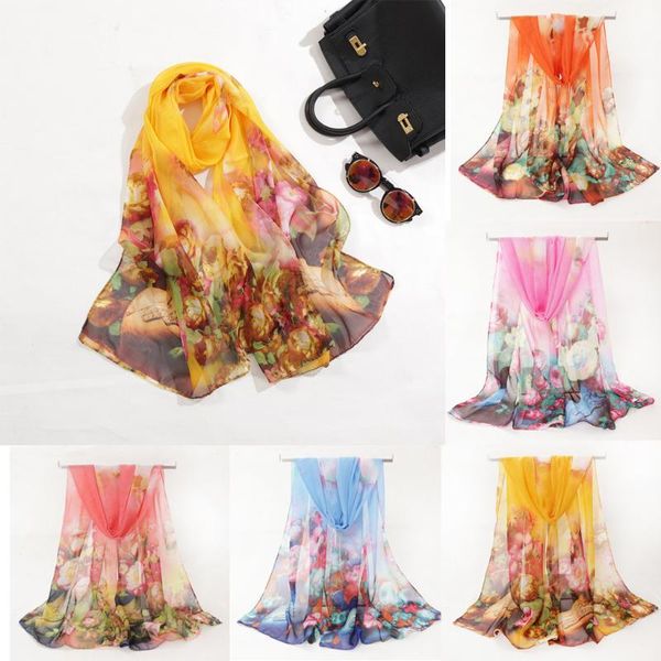 

scarves fashion women flower print long soft wrap scarf simulation silk shawl winter men all-match european and, Blue;gray