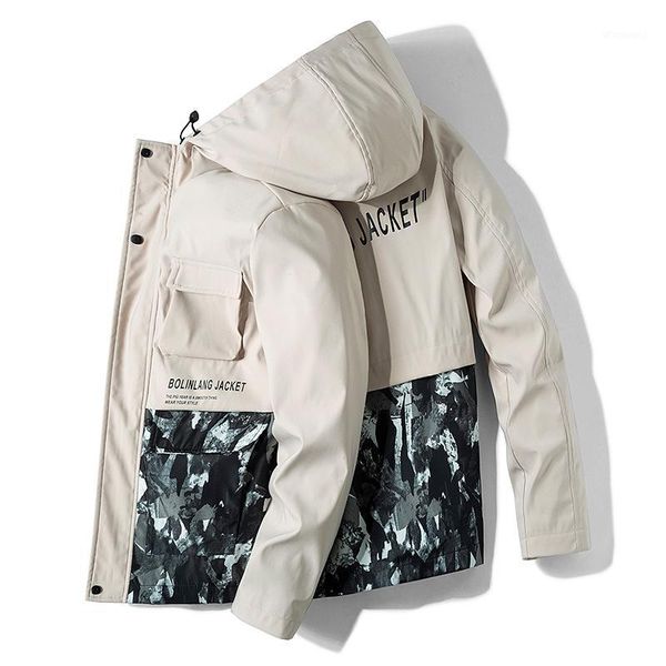 

2020 spring men jacket hooded fashions patchwork camo jacket multi-pocket zipper coat hip hop camouflage windbreaker 5xl1, Black;brown