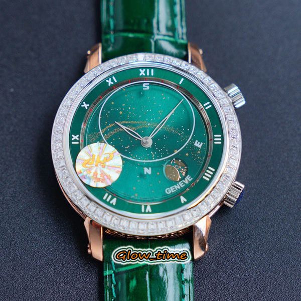 

jhf version diamond inlay bezel 5102pr starry sky green dial pearl tuo automatic mens watch two tone steel case leather luxry watches, Slivery;brown