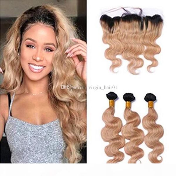 

honey blonde ombre lace frontal closure with body wave hair weeaves 3 bundles 1b 27 strawberry blonde ombre virgin hair with 13*4 frontal, Black;brown