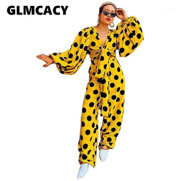 

women spring beach set ladies polka dot yellow 2 pieces outfits v-neck bow tie loose crop and wide leg pants streetwear1, White