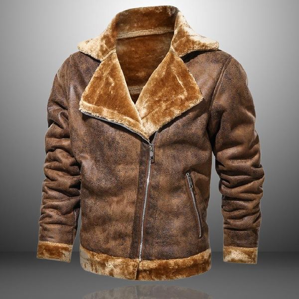 

men's fur & faux brand leather jacket men winter retro fleece wool thick jackets outwear warm pu coats, Black